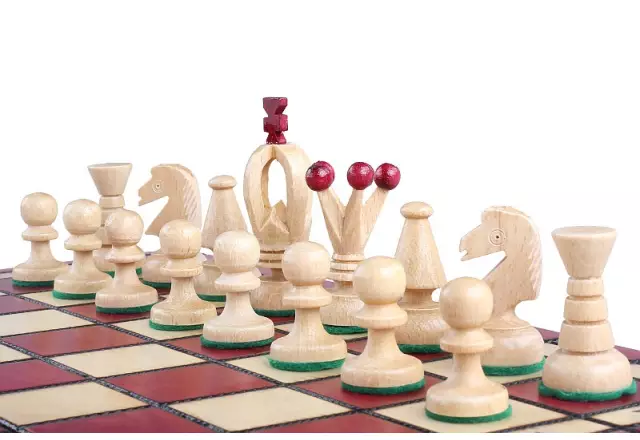 Pièces d'échecs ivoire en gros plan avec roi, cavaliers et pions sur l'échiquier