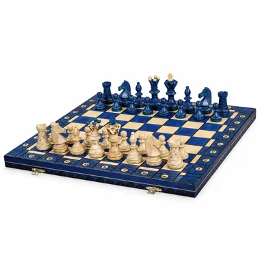 Jeu d'échecs en bois bleu et ivoire sur grand échiquier pliant déployé
