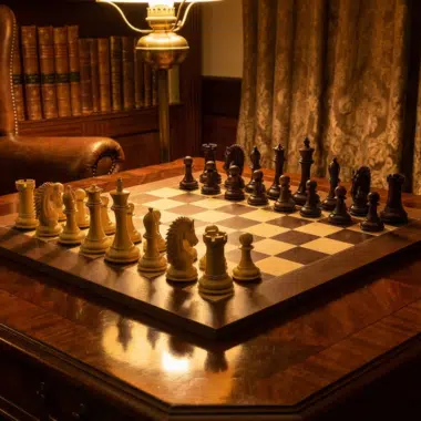 Szachy Sheffield Knight Palisander w ciepłej i eleganckiej atmosferze