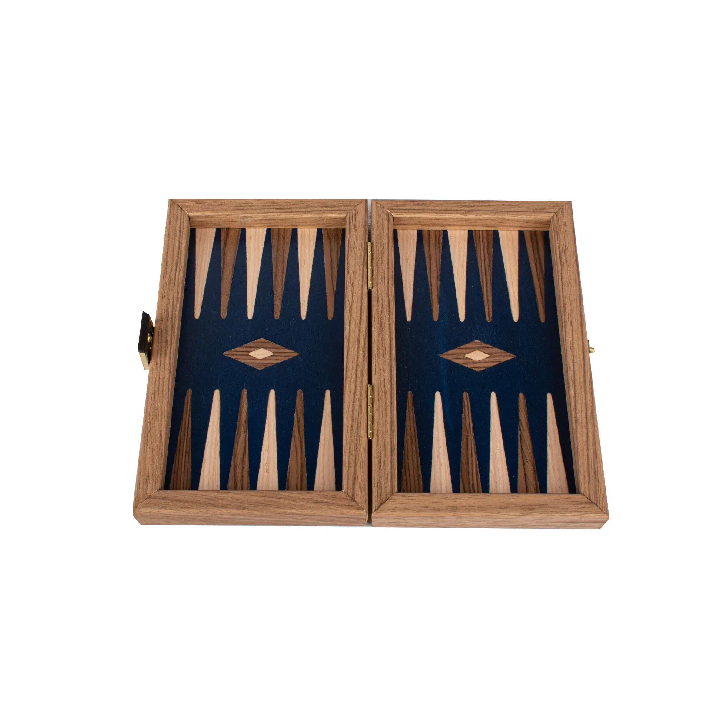 Plansza backgammon z amerykańskiego orzecha otwarta, pokazująca ustawienie gry
