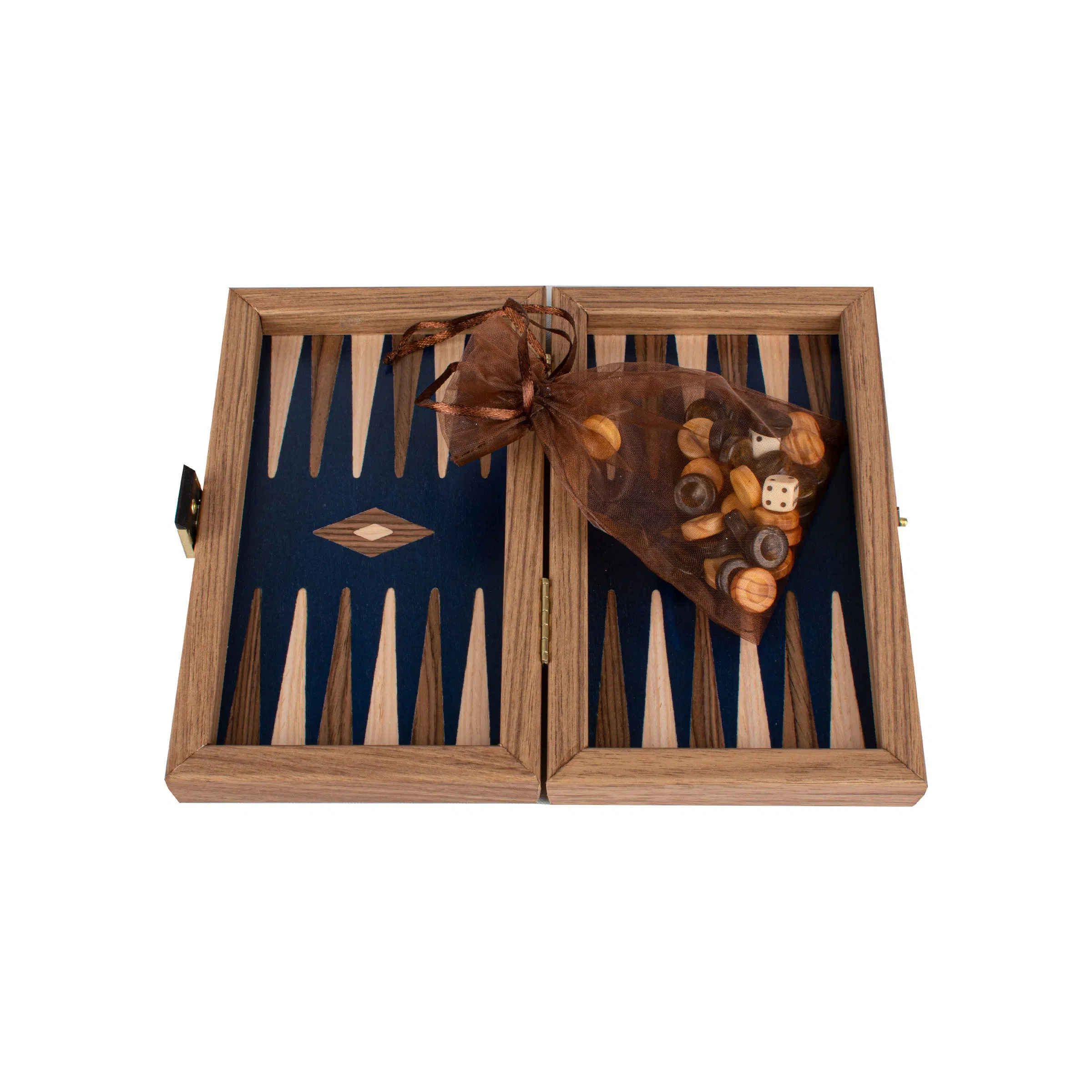 Zestaw backgammon zaprezentowany z woreczkiem na pionki z siatki - Le Palais Des Echecs