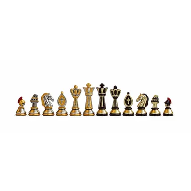 Komplet 32 metalowych figur szachowych malowanych ręcznie w tematyce Starożytnego Rzymu z wieżą Koloseum