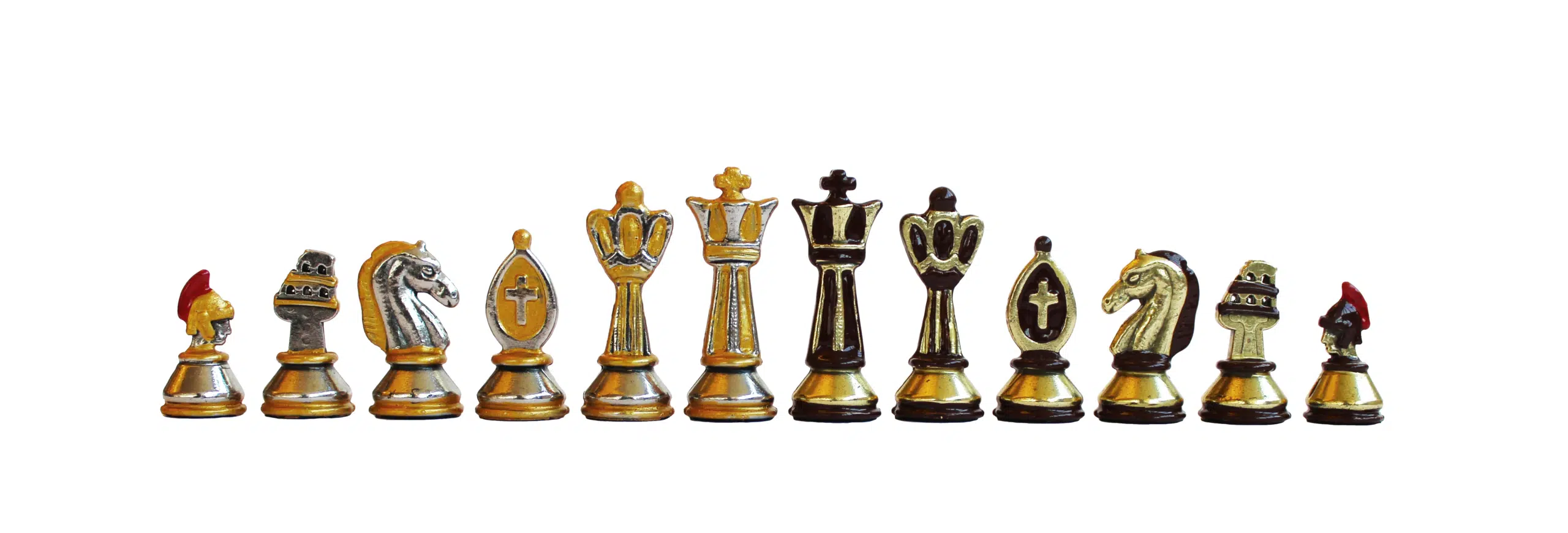Komplet 32 metalowych figur szachowych malowanych ręcznie w tematyce Starożytnego Rzymu z wieżą Koloseum