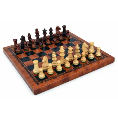 Mały Zestaw Szachów Salonowych: Figury Staunton z Drewna Akacjowego Obciążone, Król 5 cm, i Szachownica z Ekoskóry Czarno-Złotej 26 x 26 cm