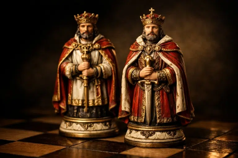 Szachy tematyczne z żywicy malowane ręcznie, figurki historyczne